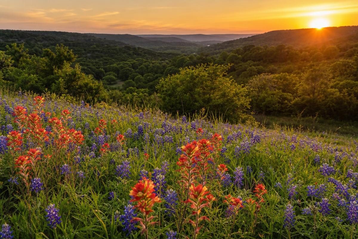 Texas Hill Country wildflowers at sunset